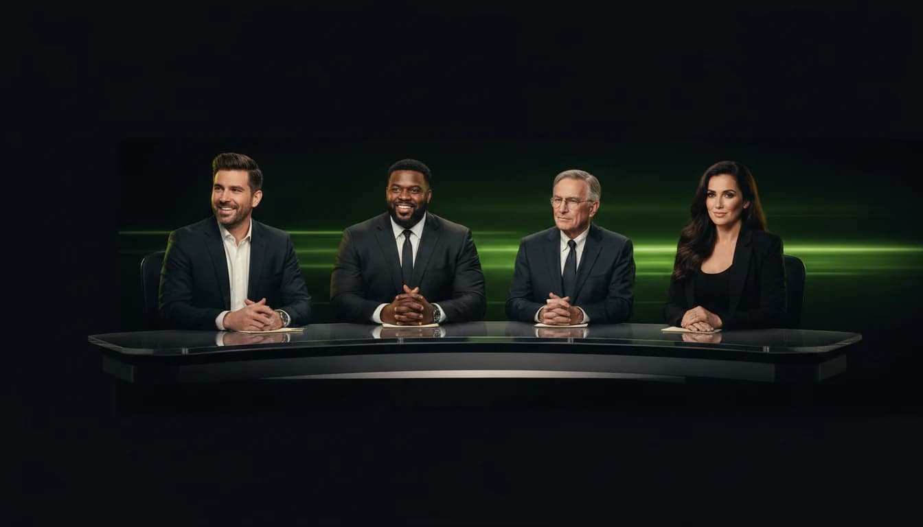 The Hot Mic broadcast crew — Mick, Tank, Walt and Sarah — at the anchor desk